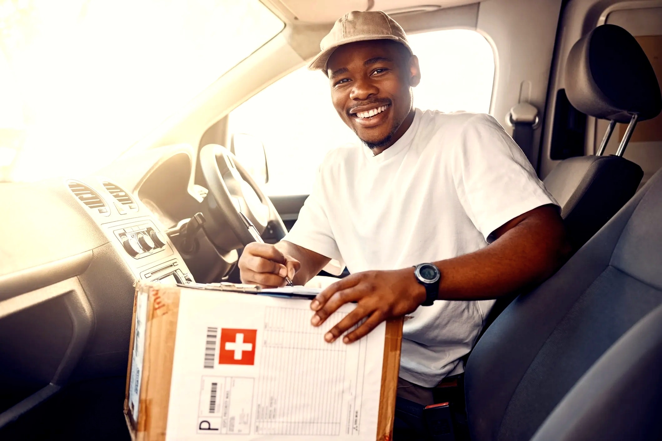 KP Medical Courier driver delivering to a happy customer